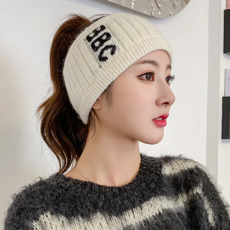 Autumn and Winter Knitted Woolen Hat Sports Wrap Hat Hollow Top Hat Ponytail Hat Soft Fabric Hairband Pullover Hat