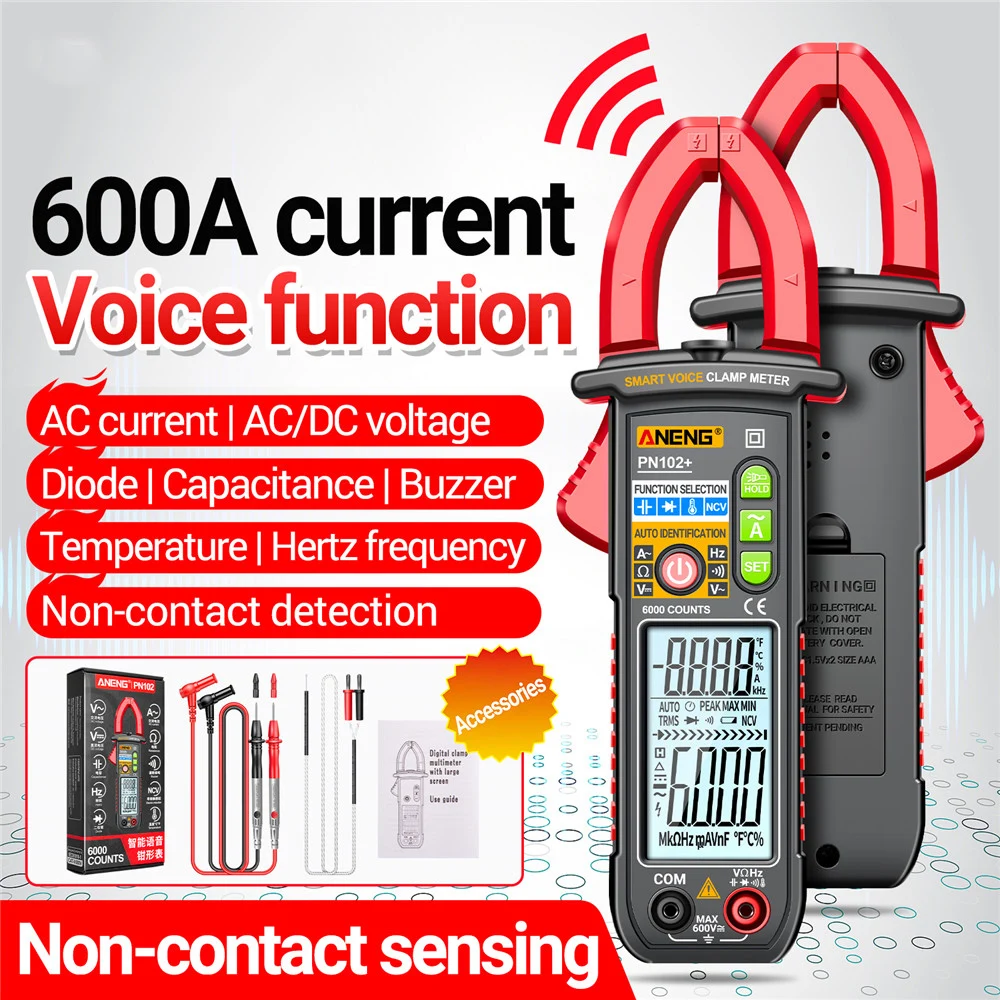 PN102+ Smart Voice Clamp Meter 6000 Counts Auto Ranging Mulitimeter Clamp AC/DC Voltage Meter Diode Hz Current Tester