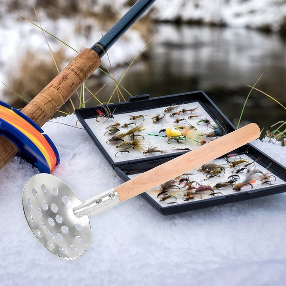 

1 Pair Scoop Reusable Steel Wood Handle Serrated Edge Winter Fishing Gear Portable Long Handle Tools