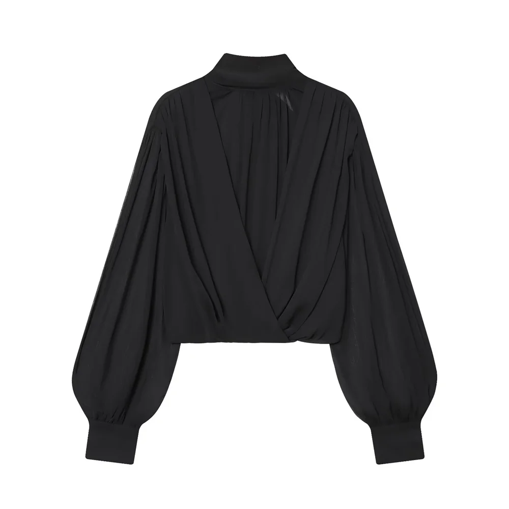 Inverno nova moda feminina gola alta manga comprida design inchado curto semi transparente camisa balão plissado