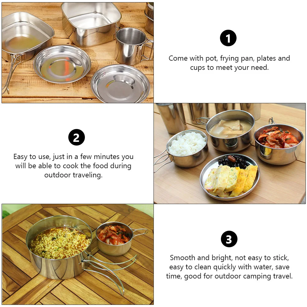 1 مجموعة الفولاذ المقاوم للصدأ التخييم تجهيزات المطابخ المحمولة خفيفة الوزن الظهر مجموعة الطبخ وعاء عموم لوحات الكؤوس في الهواء الطلق #4