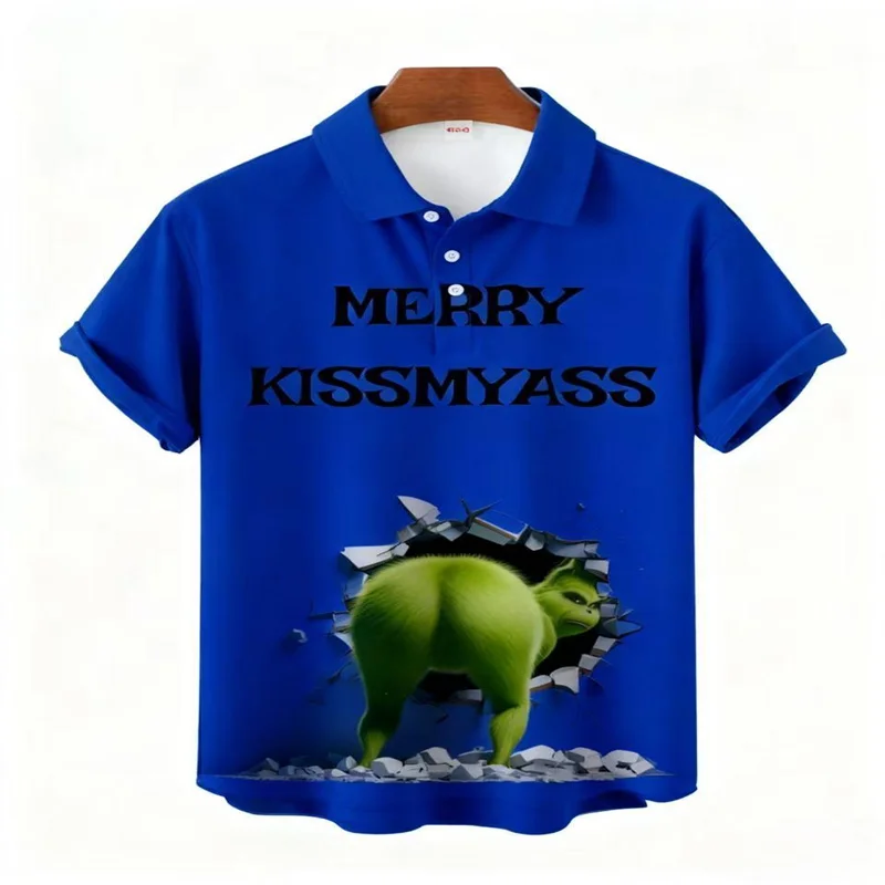 2025Merry Kissmyass Fun Christmas Green قميص قصير الأكمام مطبوع قميص بولو عصري ومريح