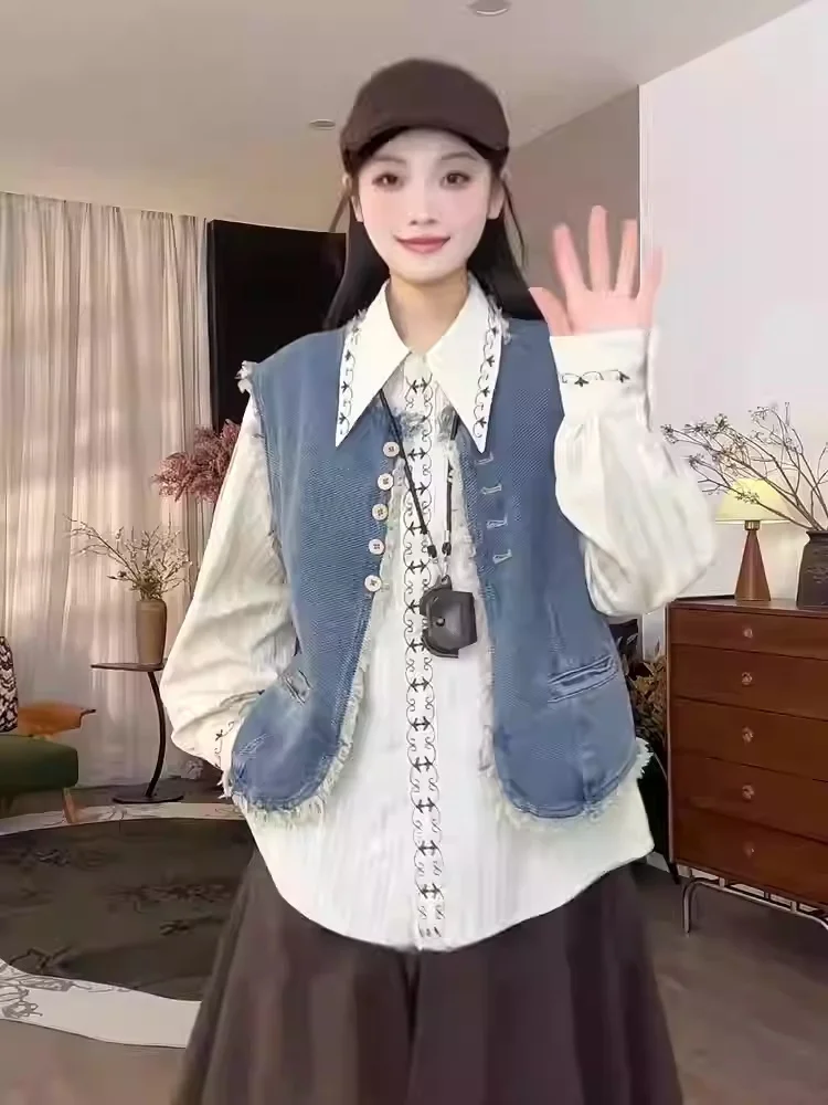 Conjunto de moda para mujer con diseño de borla combinada irt Jaet bordado vaquero azul, cuello largo Sve, colección de otoño