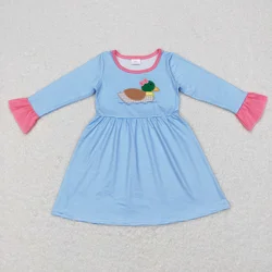 Wholesale Infant Toddler Long Sleeves Embroidery Ducks Kids Children Spring Fall Knee Length One Piece Baby Girl Stripes Dress