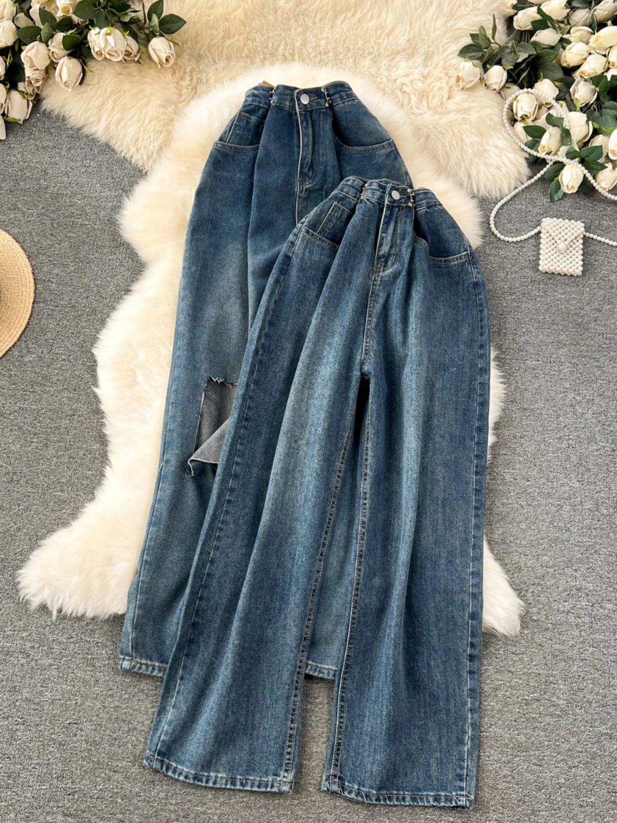 

Vintage Loose Wide Leg Ripped Jeans Women Spring Summer New High Waist Straight Trousers Casual Denim Pants Streetwear