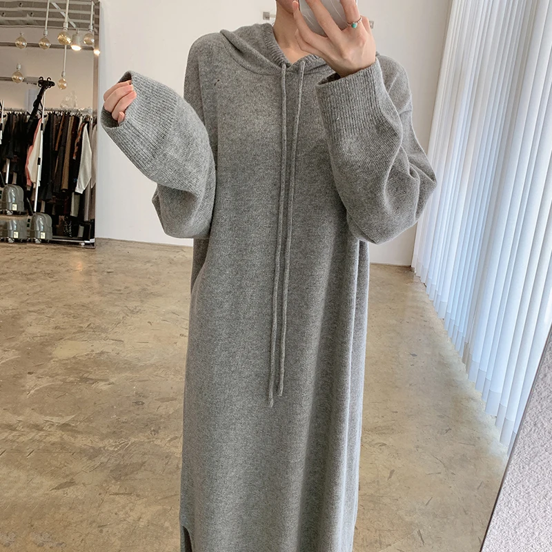 Autumn and Winter Loose Knee Length Sweater Dress Casual Split Hooded Women's Woollen Dress Casual Split Hooded Knitted Dress