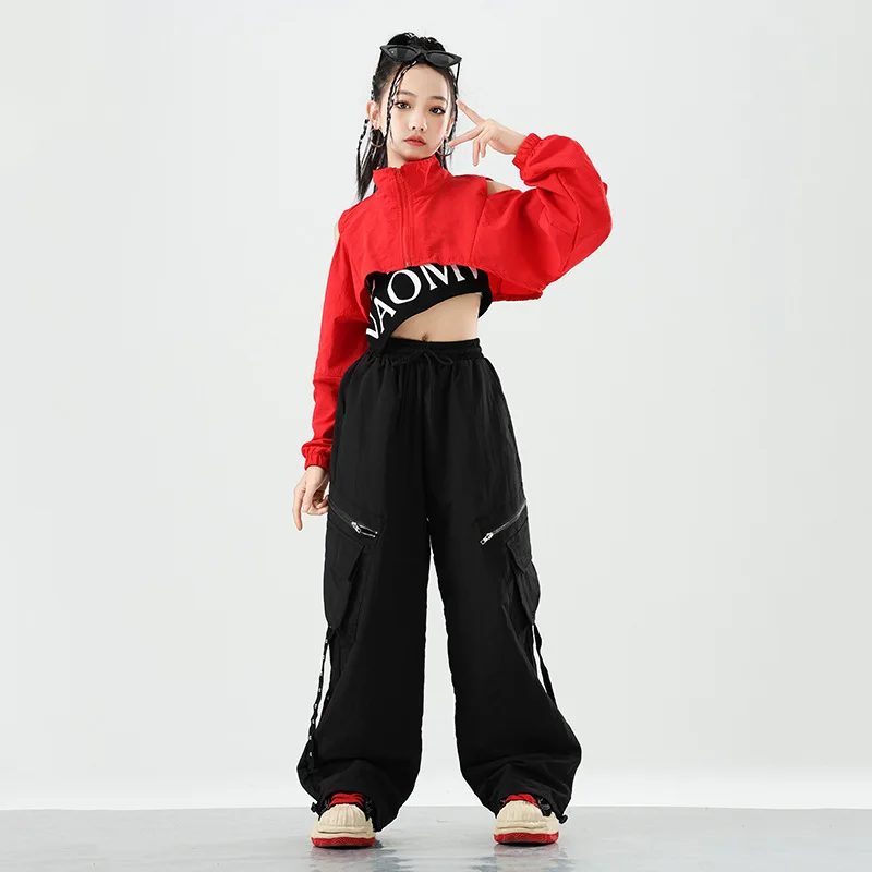 Conjuntos de ropa de baile de Jazz para niñas, trajes de Hip Hop, Tops cortos rojos Kpop, pantalones negros, ropa de calle moderna, ropa para actuación en escenario de grupo