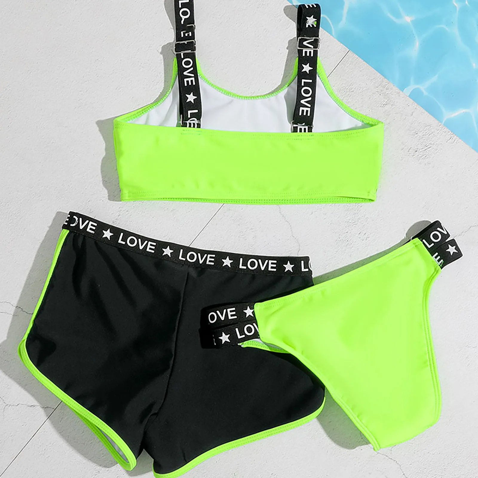 3Pcs Girls Swimsuits Kids Bikini Sets Summer Tank Top Vest+Shorts Bottoms+Briefs Sport Swimwear Pool Beach Surfing Bathing Suit