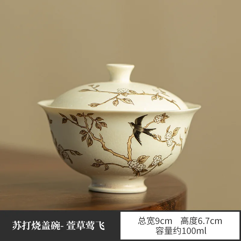 Hand Painted White Porcelain Sancai Covered Bowl Teacup Handmade Household Kungfu Teaset Tea Ceremony Drinkware