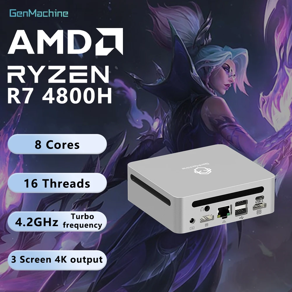 

GenMachine AMD Ryzen 7 4800H 16G RAM+512G ROM Windows 11 MINI PC DDR4 65W WIFI6(2.4GBPS) RTL8852, BT5.2 4.2GHz Diy Gaming Pc