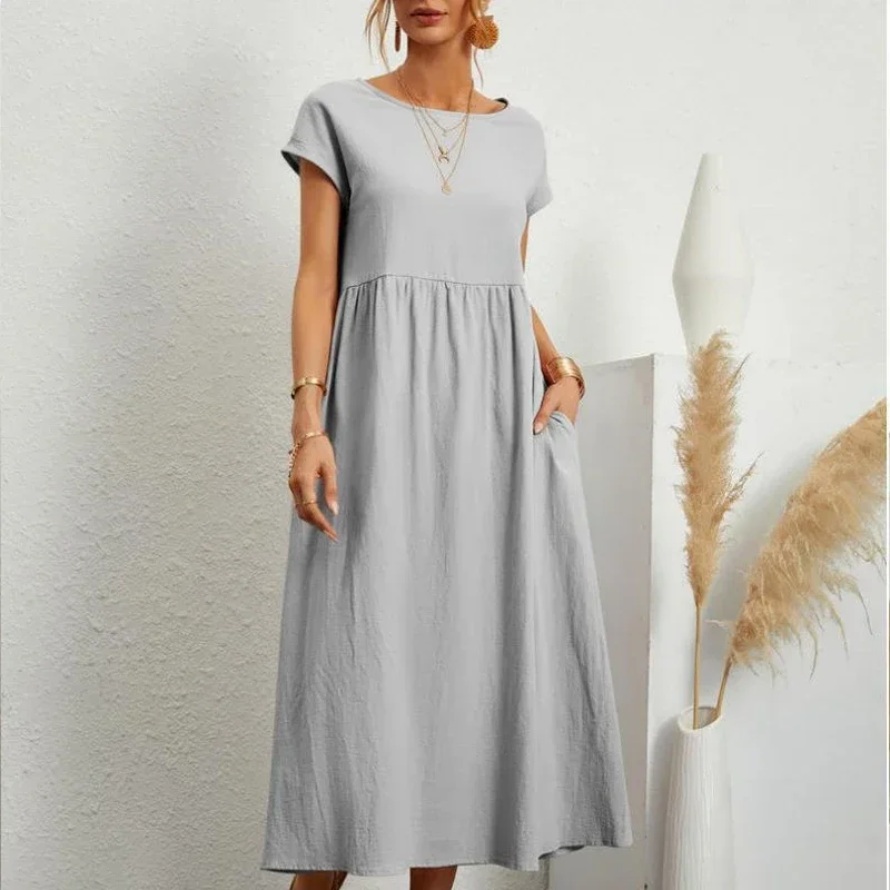 Letnia bawełniana lniana sukienka z krótkim rękawem O Neck Luźna kieszeń Vestido Moda Casual Eleganckie sukienki