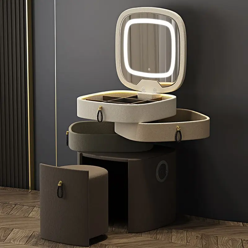 Rotary Makeup Vanities Luxury Storage Dressing Table Bedroom Organizer Makeup Vanity Illuminated Drawer Dresser with Light