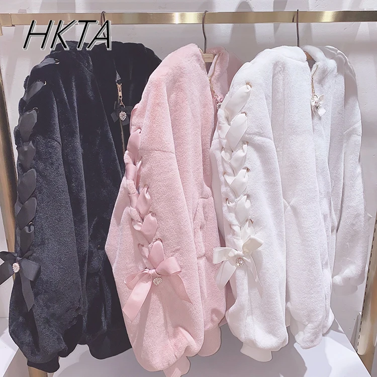 Japanese Clothes High-end Fashion Cute Mine Tie Rabbit Ears Strap Bow Zipper Plush Coat Autumn Winter Thickened Warm Fur Jacket