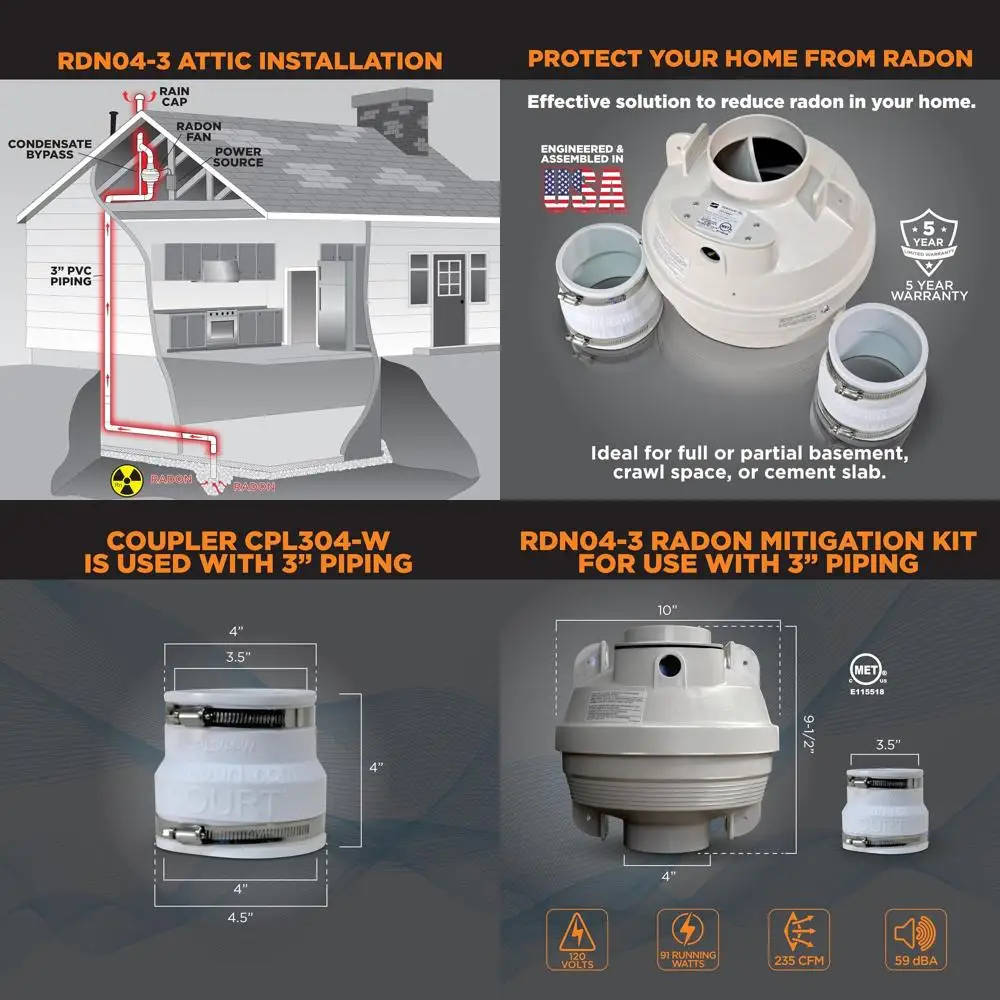 

Radon Reduction System for Basements and Crawlspaces with 2 Coupling Adaptors, 4 to 3, Suitable for Indoor and Outdoor Applicati
