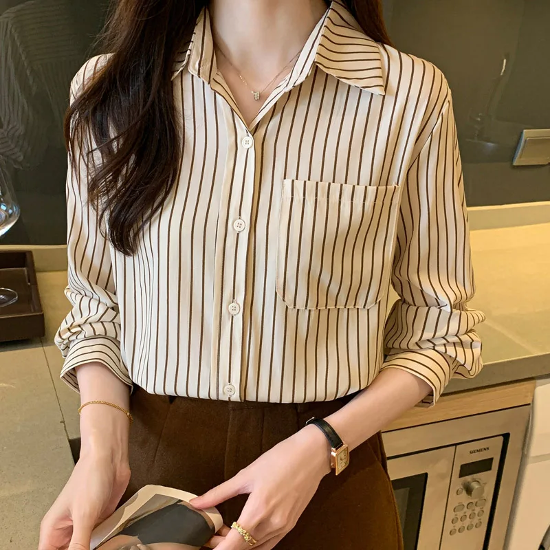 Women Clothing Fashion Khaki Striped Long Sleeve Shirt Autumn New Pure Cotton Loose All-match Blouses Office Lady Pockets Tops