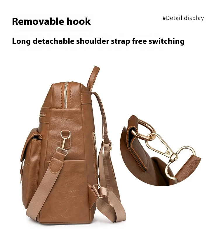 Retro women's backpack, PU soft leather with multiple pockets, large capacity business commuting travel backpack