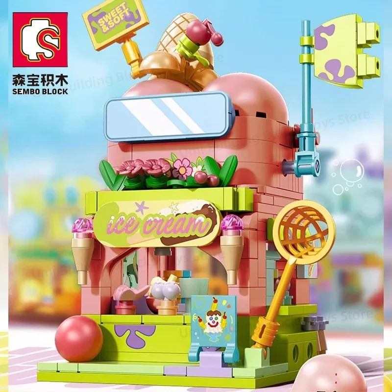 SEMBO BLOCK-bloques de construcción de Bob Esponja, bloques de construcción de doble capa, ensamblaje de escena callejera, modelo de adornos, regalo de vacaciones para niños