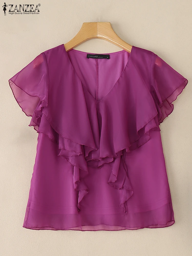 ZANZEA Elegante Chiffon Sheer Blouses Dames Ruches V-hals Korte Mouw Effen Kleur Tops 2025, Zomer Mode Vrouw Kleding S-3XL