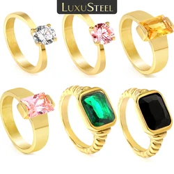 LUXUSTEEL 18K PVD Golden Plated White Pink Black Green Champagne Cubic Zirconia Stainless Steel Rings For Women Party Size 6-9