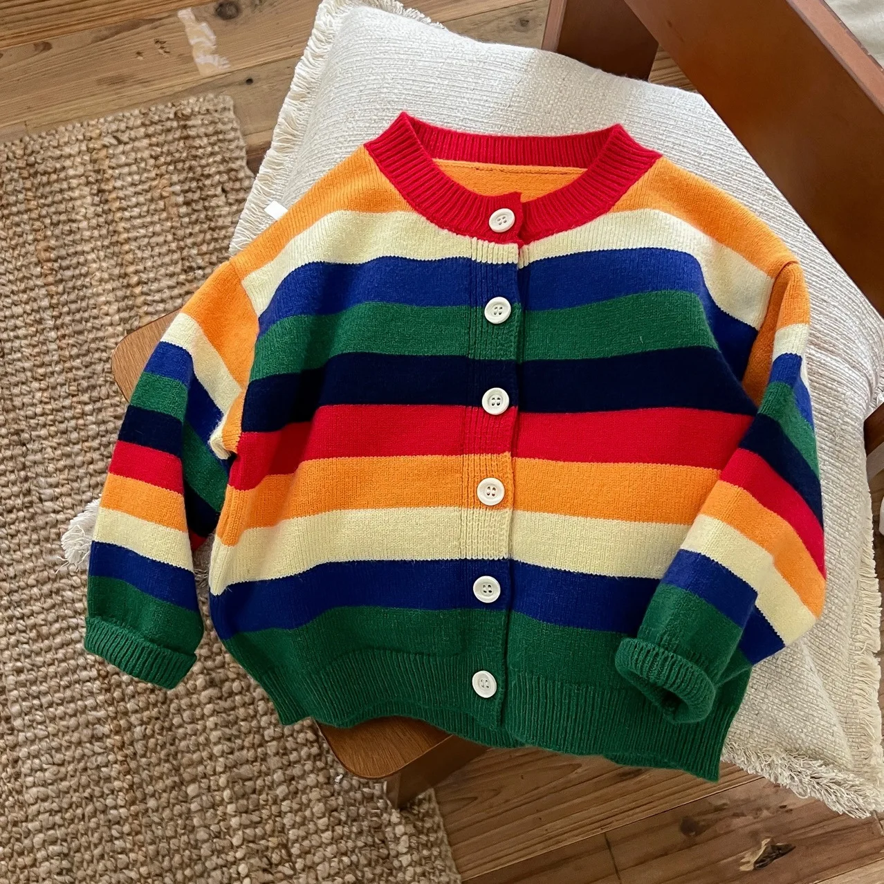 

​​2025 Fall Winter Boys Cardigan Rainbow Striped Knit Sweater Long Sleeve Top Fashion Jacket Unisex Kids 2-10 Years Soft Cotton​