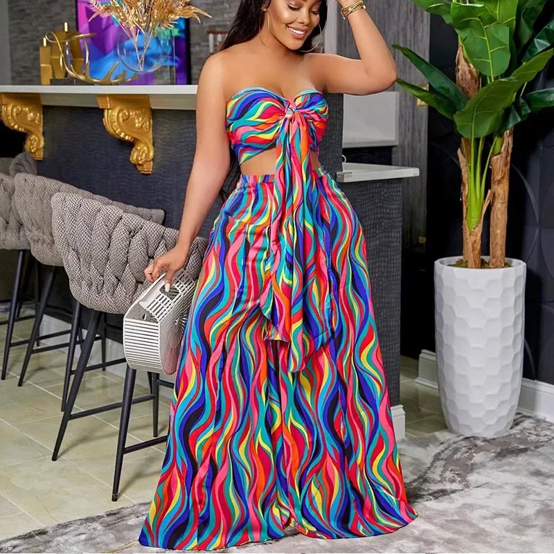 

Striped Printed Two Piece Set for Woman Summer Strapless Bow Tie Crop Top and Loose Wide Leg Pants Matching Sets Vacation Outfit