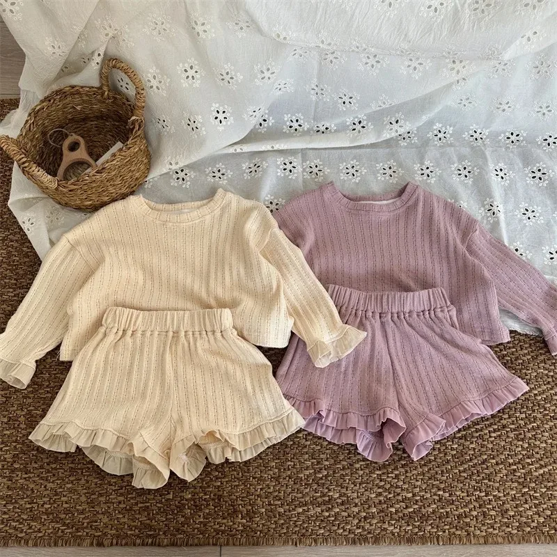 

Baby Girls Spring Summer Sets New Korean Style Ruffles Long Sleeve Tops Shorts 2pcs Children Cute Outfits