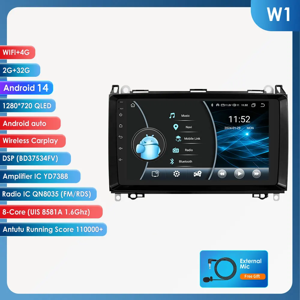 9'' Carplay 4G 2 Din Android Auto Radio Voor Mercedes Benz A B Klasse B200 W169 W245 B200 W906 2500 Sprinter 3500 W639 Vito Viano Vw