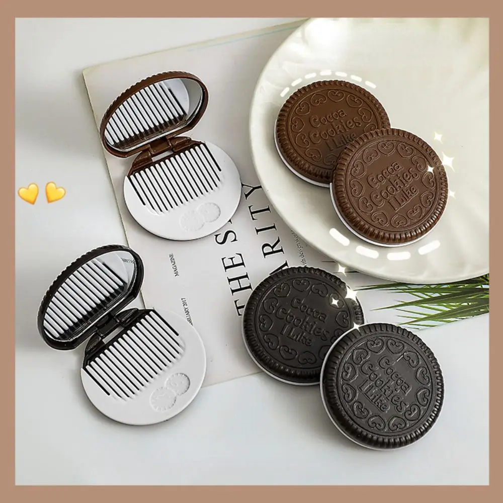 Mini Chocolate Cookie Mirror Cute Vanity Mirror Makeup Mirror with Comb Cartoon Biscuits Shape Folding Compact Pocket Mirror