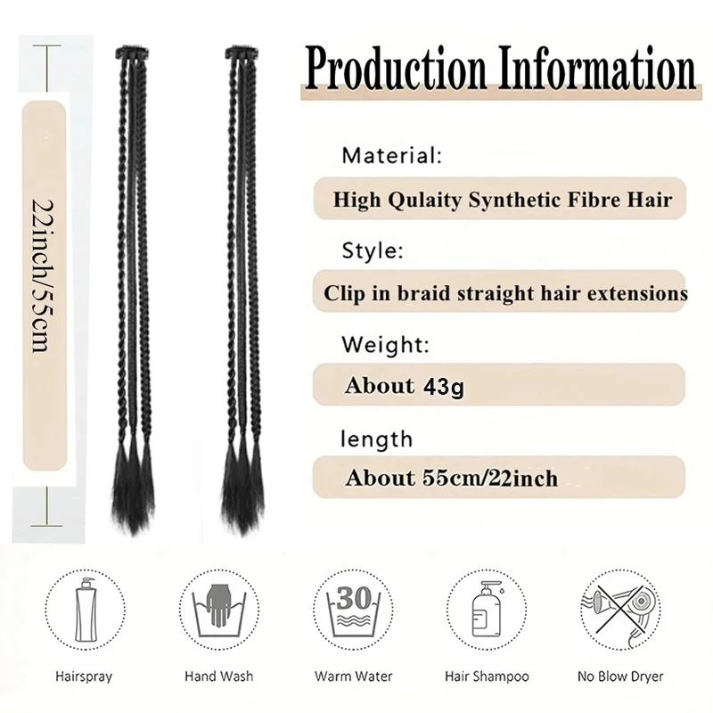 2Pcs Clip‑in Y2K Boxer Braid Ponytail One Clip Three Braids Long Synthetic Fake Hair Extensions For Women