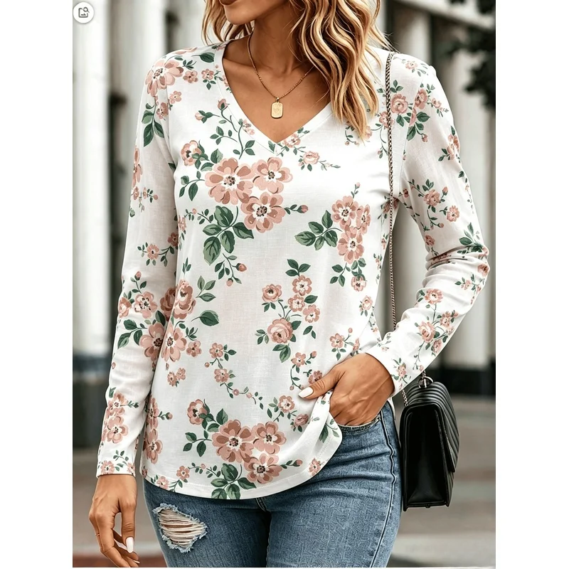 Elegant Women's Fashion Long Sleeve Shirt  Printed Aztec Geometric Floral Flower Color Block Patchwork Full Print Breathable V