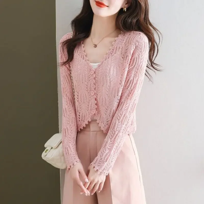 Knitted sweater, short, small, thin, sunscreen jacket, women\'s outerwear, cardigan, shawl, long sleeved, hollowed out top