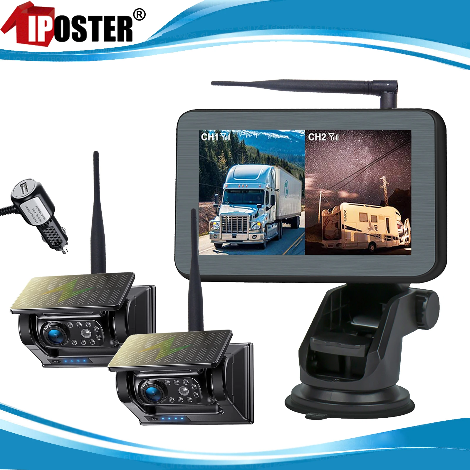 

iPoster Digital Wireless 5" car monitor 2x solar magnetic reverse backup cameras caravan