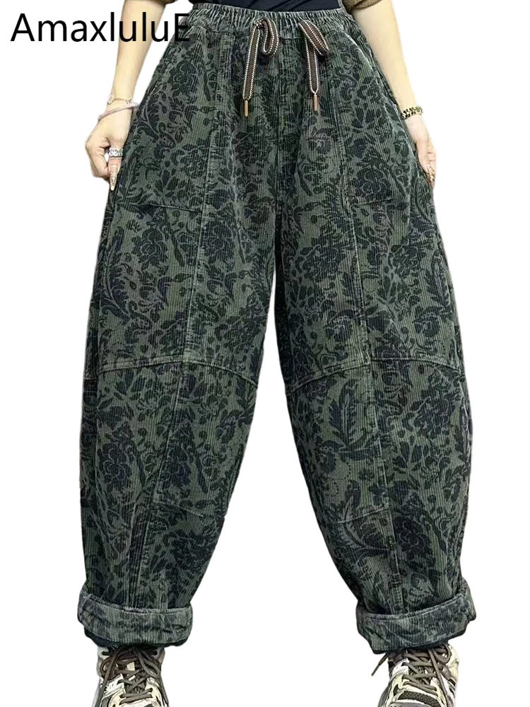 

Amax LuluE Winter Flower Printed Corduroy Warm Pants Womens Vintage Classic Fur Clothes Ladies Fashion Leisure Thicken Trousers