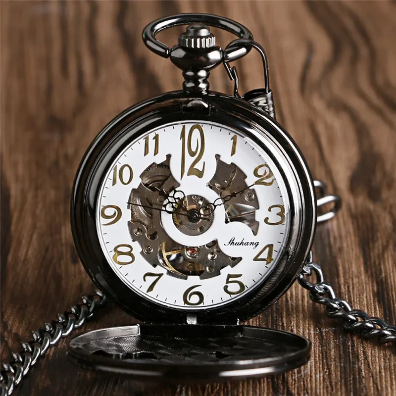 Antique Black Hollow Eagle Case Skeleton Hand-winding Mechanical Men Pocket Watch Arabic Number Clock with Chain
