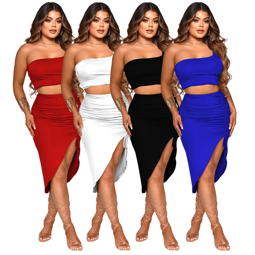 

Solid Color Pleated One Shoulder Skirt Set Ensembles De Jupes Womens Two Peice Sets Element Sexy Traf Homme Femme Summer Set