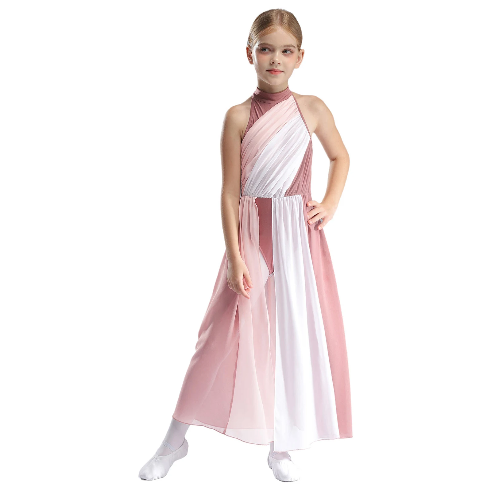 # 6-16 meninas líricas ballet dança desempenho collant vestido trajes mock pescoço sem mangas vestido dividido para ternos de desempenho de palco