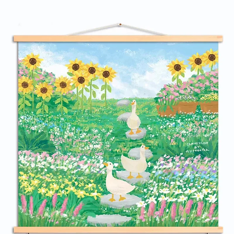 VIKAMA Cute White Goose Duck Flower Grassland Tapestry Wall Hanging Aesthetics Bedroom Home Decoration