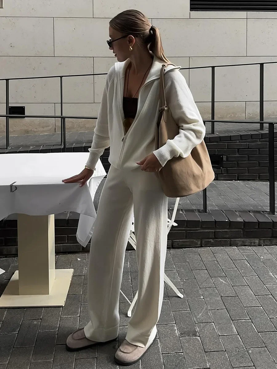 

Women's New Knit Zip Up Cardigan Wide Leg Pants Set Soft Loose Fit Hooded Elastic Waist Autumn Winter Fashion Sets