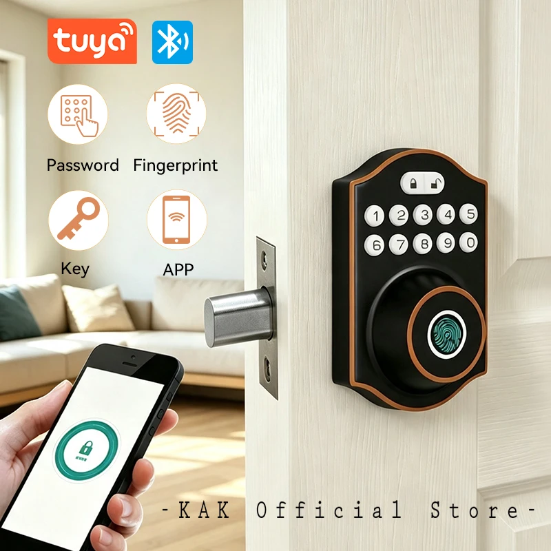 KAK American Style Smart Deadbolt Door Lock with Tuya Bluetooth Fingerprint Door Lock Keyless Digital Password Lock Hardware