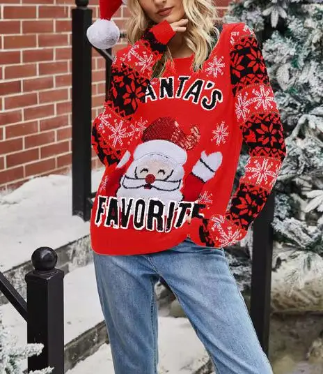 

2025 элегантный женский рождественский пуловер с вышивкой Санта-Клауса, вязаный свитер с круглым вырезом