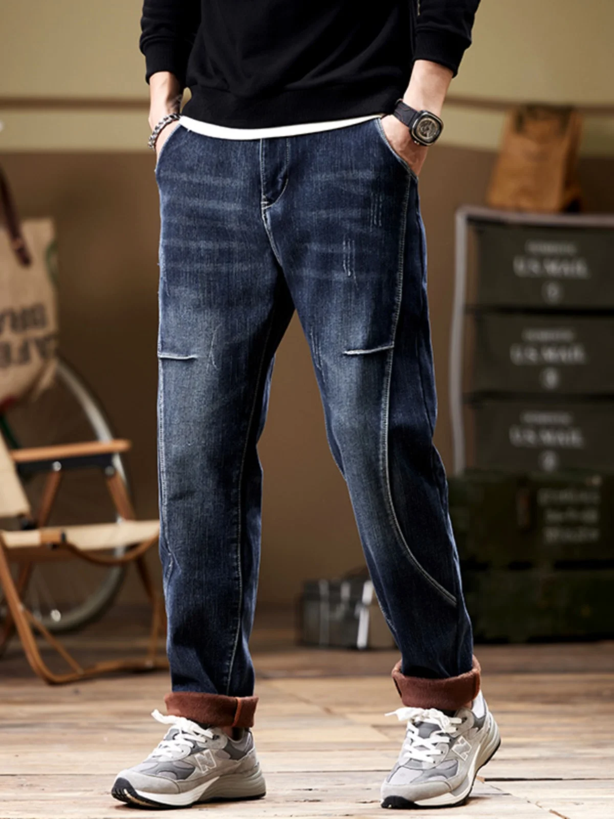 

Мужские джинсы Fce Lined Thiened Stretchy Patchwork: зимние, теплые, эластичные, прямого кроя, молодежные, модные, длинные брюки из хлопка и полиэстера