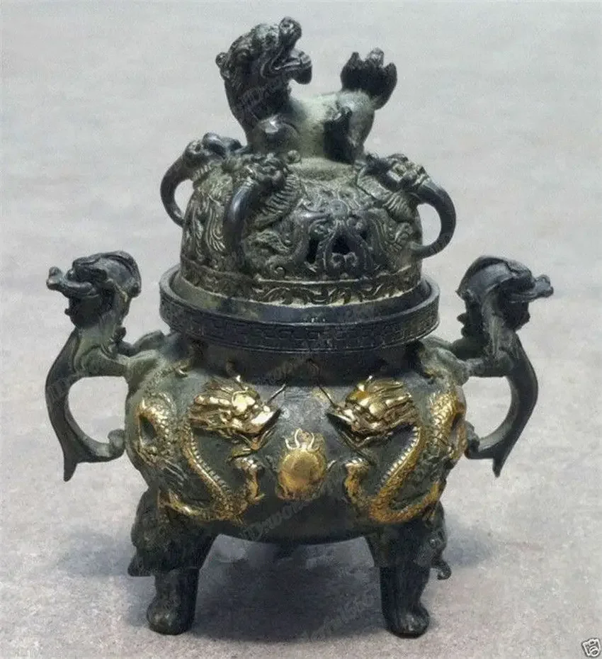 

China Bronze Statues Gilt Dragon lucky Incense Burner Censer