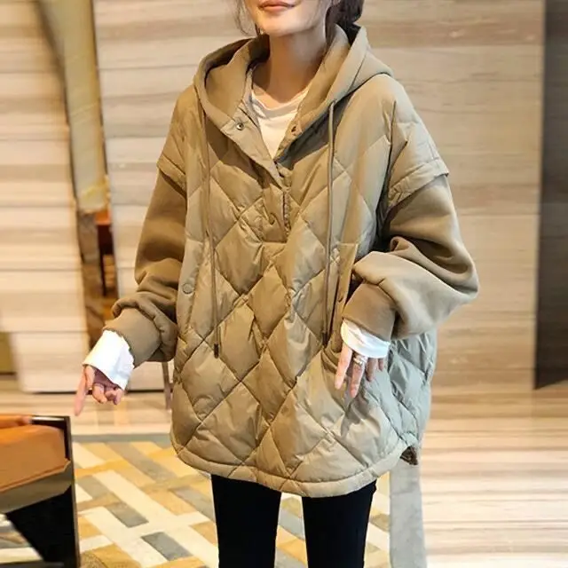 

2023 New Autumn And Winter Vacation Two Piece Dia Grid Splicing Hooded Sweatshirt Women's Coat Loose Casual Plus Size Cotton