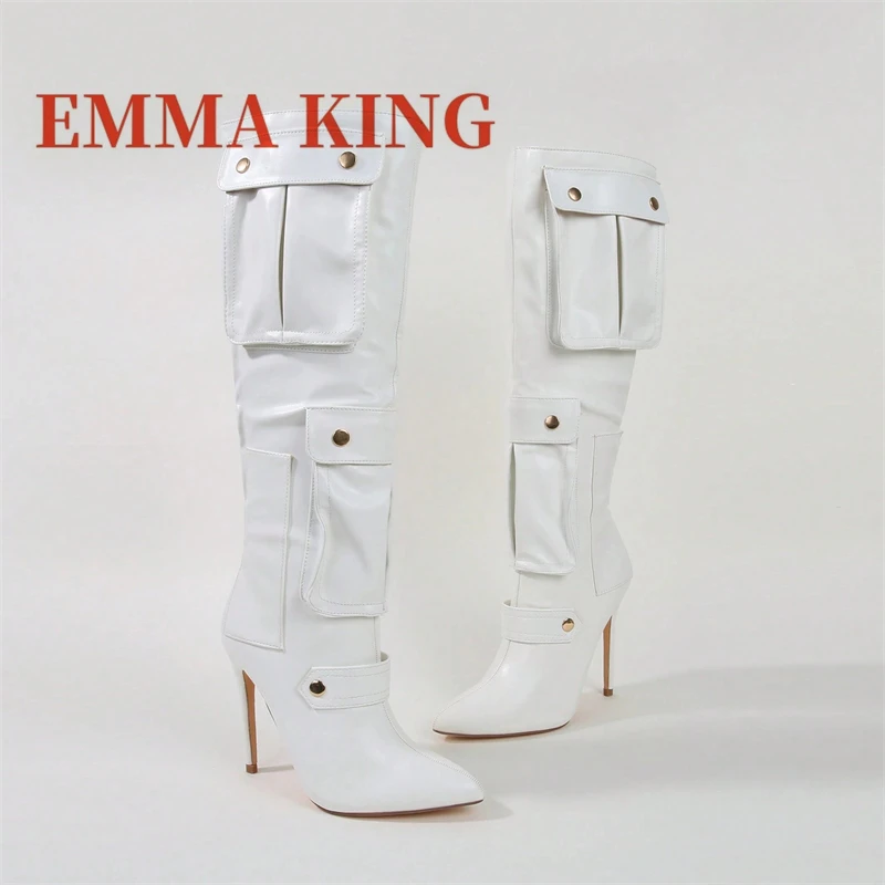 مثير جيب التفاصيل حذاء برقبة للركبة مدبب تو الخناجر أحذية عالية الكعب موضة أسود أبيض حفلة عادية الجانب سستة الأحذية #2