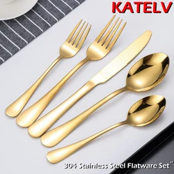 5Pcs Luxury Cutlery Set Fork Spoon Knife Set Elegant Stainless Steel Golden Dinnerware Set Coffee Spoon Kitchen Tableware Set