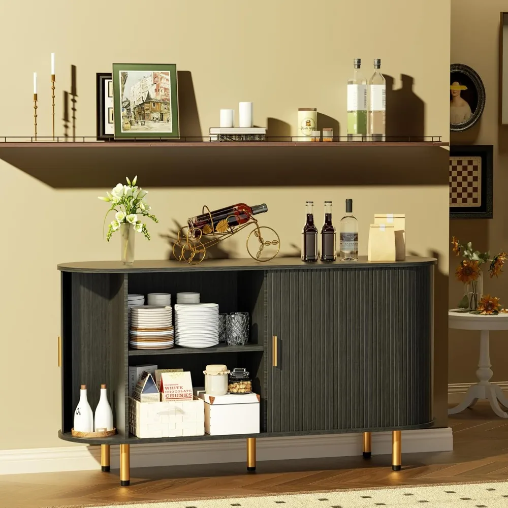 収納付きサイドボードビュッフェキャビネット、タンブールスライドドアと調節可能な棚付き、アクセントコーヒーバーコンソールテーブル