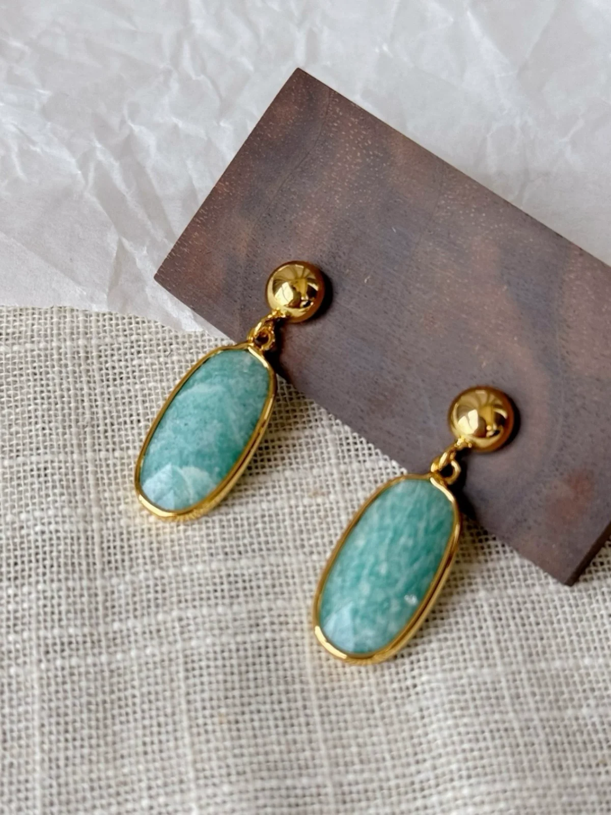 Brass With 18K Natural Amazonston Rose Quartz Earrings Punk Party Gown Runway rare Boucle d'oreille Korean Japan Style Fashion