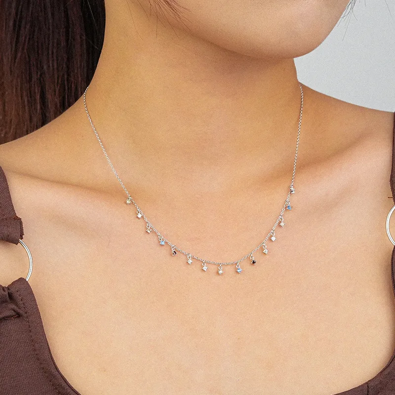 Fashion Light Luxury Geometric Square Tassel Zircon Necklace Clavicle Chain for Women 925 Sterling Silver Jewelry
