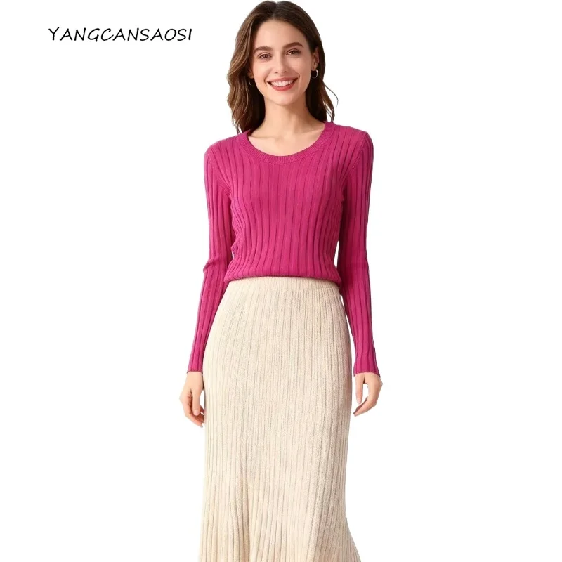 

Новинка весны/осень 2023, 64% натуральный шелковый темперамент, облегающий полосатый свитер с круглым вырезом, высокоэластичный вязаный базовый свитер