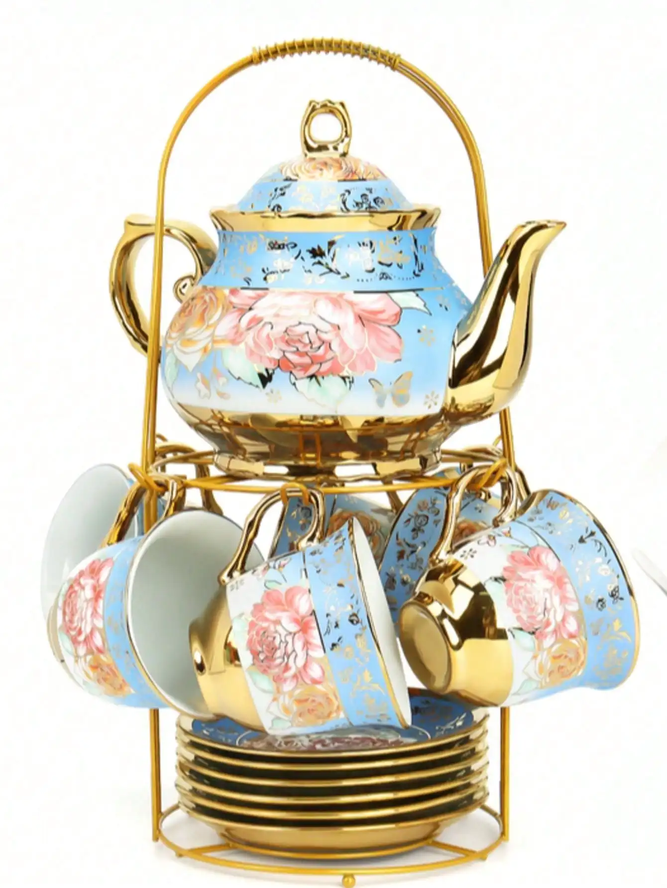 

20-Piece Porcelain Tea Set with Metal Holder, European Ceramic Cup and Saucer Set with Gold Floral Pattern for Easter Party
